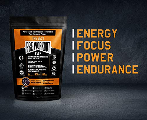 The Best Pre Workout Ever All Natural Nootropic Preworkout Powder - Clean Energy Boost Focus & Strength - Muscle Builder Supplement for Men & Women - Keto Friendly Plant Based & Limited Acai Berry