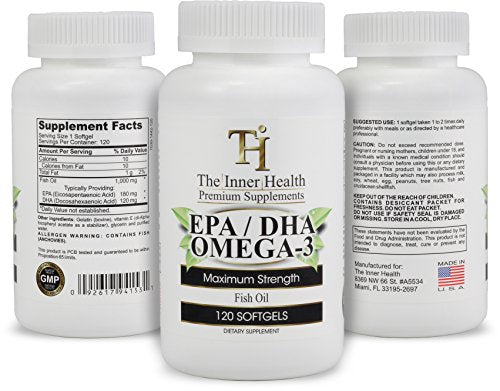 The Inner Health Fish Oil EPA DHA Omega 3 Supplement - Promoting Healthy Heart, Joints, Eyes and Skin - 1000 Mg Marine Lipid Concentrate - Manufactured in The USA - 120 Softgels