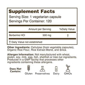 All Natural Berberine HCl 500mg Supplement - Magnesium Stearate Free - Blood Sugar Metabolism Support - Effective Immune System Booster - 120 Vcaps