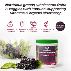 Amazing Grass Greens Blend Immunity Elderberry: Super Greens Powder with 1,000mg Vitamin C, Elderberry, Zinc, Prebioitics & Probiotics, 30 Servings