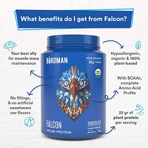 Birdman Falcon Premium Organic Plant Based Protein Powder, Vegan, Low Net Carbs, Keto, No Sugar Added, Non Dairy, Gluten-Free, Soy-Free, Lactose-Free, Non-GMO, Chocolate Flavor 33 Servings, 2.18lb