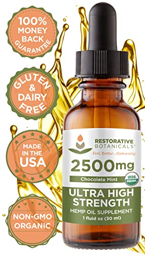 Ultra High Strength Hemp Oil for Body Mind Wellness - 2500mg Chocolate Mint Flavor (1 Oz - 60 Servings) Restorative Botanicals - Pain Relief for Weary Muscles & Joints, Healthy Sleep, Mental Clarity