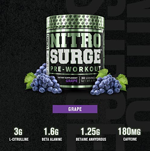 NITROSURGE Pre Workout Supplement - Endless Energy, Instant Strength Gains, Clear Focus, Intense Pumps - Nitric Oxide Booster & Powerful Preworkout Energy Powder - 30 Servings, Grape