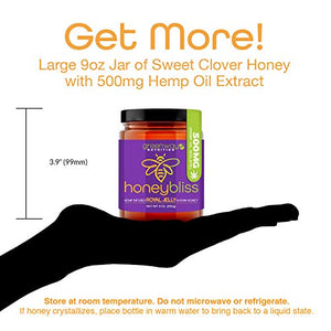 Honeybliss – Raw Clover Honey with Royal Jelly and 500mg Hemp Extract - 9oz Glass Jar | 100% Pure, Unfiltered Raw Honey Infused with Organic Hemp Oil Extract and Premium Royal Jelly