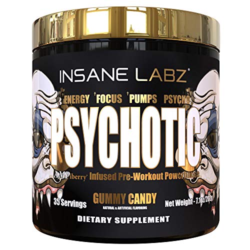 Insane Labz Psychotic Gold, High Stimulant Pre Workout Powder, Extreme Lasting Energy, Focus, Pumps and Endurance with Beta Alanine, DMAE Bitartrate, Citrulline, NO Booster, 35 Srvgs, Gummy Candy