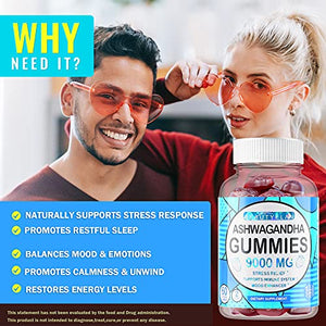 Ashwagandha Gummies Extra Strength 9000mg - Stress Relief & Calm Mood Support with Vitamin D - Ashawanga Root Extract Supplement Support Relaxed & Anxiety Sleep, 60 Vegan Herbal Gummy for Women Men