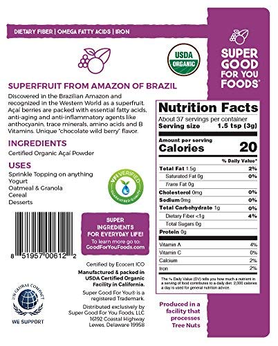 Super Good For You Foods Freeze Dried Acai Berry Powder, USDA Certified Organic, Gluten-Free, Non-GMO, Vegan, No Sugar Added, Kosher, 4 oz