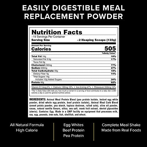 Animal Meal - All Natural High Calorie Meal Shake - Egg Whites, Beef Protein, Pea Protein, Chocolate, 5 Pound (3930)