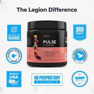 Legion Pulse Pre Workout Supplement - All Natural Nitric Oxide Preworkout Drink to Boost Energy, Creatine Free, Naturally Sweetened, Beta Alanine, Citrulline, Alpha GPC (Fruit Punch) 10 Servings