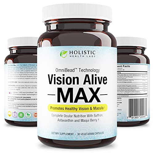 Vision Alive Max with 8 Natural Ingredients Lutemax® 2020, Bilberries, Blueberries, c3g from Black Currant, Maqui Berry, Saffron, and Astaxanthin