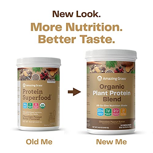 Amazing Grass Organic Plant Protein Blend: Vegan Protein Powder, All-In-One Nutrition Shake with Beet Root, Chocolate Peanut Butter, 10 Servings , 14.8 Ounce (Pack of 1)