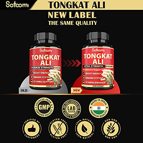 Satoomi Natural Tongkat Ali Root Extract 200:1 - 9 Essential Herbs Equivalent to 3450mg - Support Strength, Energy and Healthy Immune - 1 Pack 90 Vegan Caps 3 Month Supply