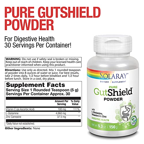Solaray Pure GutShield Powder | Digestive Gut Health Support for Adults | L-Glutamine, Vitamin C, Zinc | 150g, 30 Serv.