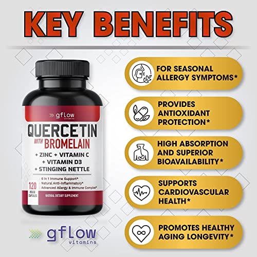 Quercetin with Vitamin C and Zinc - Quercetin 500mg - Stinging Nettle - Quercetin with Bromelain - Zinc Quercetin - 120 Veggie Caps. Quercetin Supplements + Vitamin D3 (Non-GMO, Gluten-Free, Vegan)