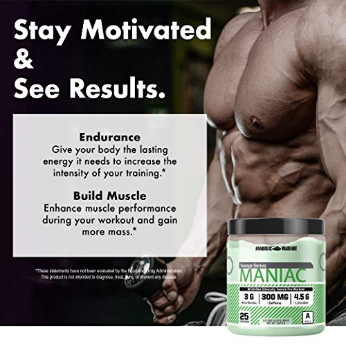 Maniac Pre Workout Powder by Anabolic Warfare – Preworkout Mix to BoostFocus & Energywith Caffeine, Beta Alanine, Lions Mane Mushroom, L Citrulline Powder and Creatine (Apple Melon - 25 Servings)