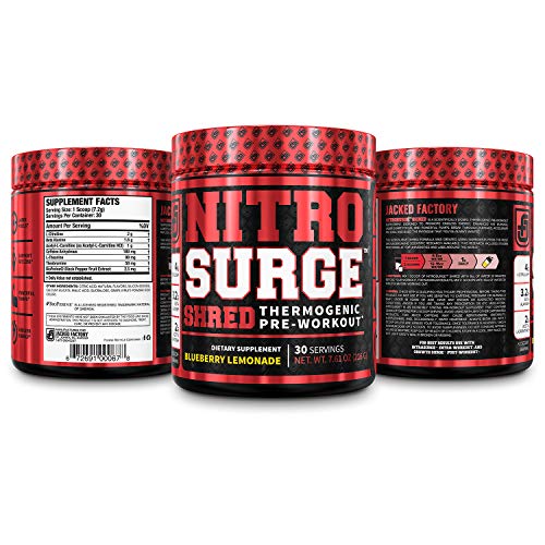 NITROSURGE Shred Pre Workout Supplement - Energy Booster, Instant Strength Gains, Sharp Focus, Powerful Pumps - Nitric Oxide Booster & PreWorkout Powder - 30Sv, Blueberry Lemonade