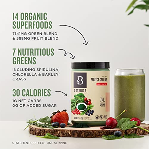 Botanica Organic Berry Greens Superfood Powder with Spirulina, Chlorella, Barley, Wheat Grass & Berry Blend (27 Servings), No Dairy, Gluten, Soy, Stevia or Added Sugar, Premium Whole Food Ingredients