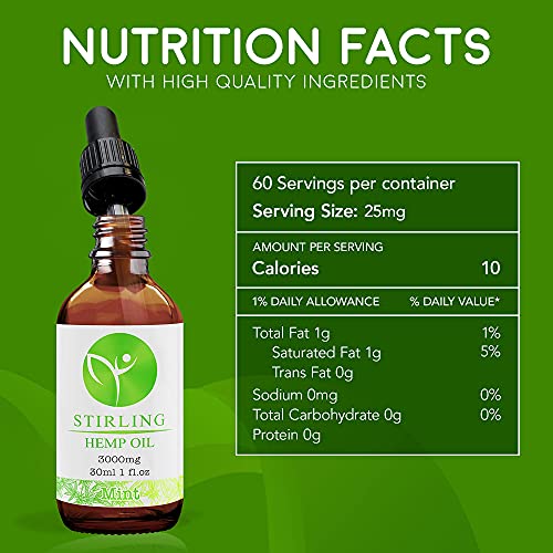 Hemp Oil for Stress and Plain - Organic, USA Hemp w/ MCT - Great Mint Flavor - It’s The Real Deal - 3000mg 1oz Bottle - Stirling