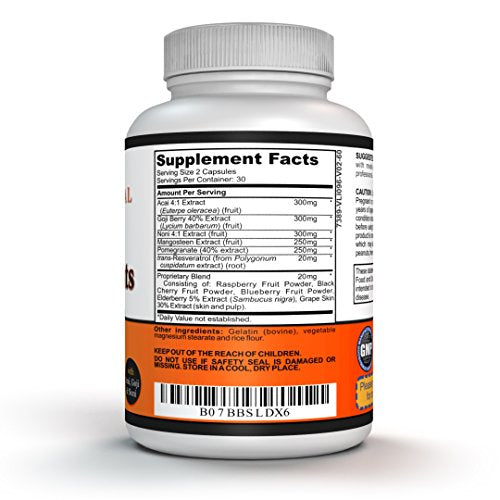 Super Antioxidant Supplement - Goji Berry Capsules, Acai Berry Capsules, Mangosteen Capsules, Resveratrol, Pomegranate & Noni Capsules - 60 Capsules