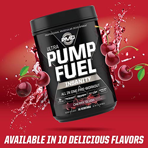 PMD Sports Ultra Pump Fuel Insanity - Pre Workout Drink Mix for Energy, Strength, Endurance, Muscle Pumps and Recovery - Complex Carbohydrates and Amino Energy - Cherry Slush (30 Servings)