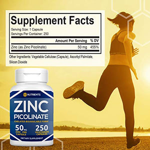 Zinc Picolinate 50 mg (250 Capsules) Chelated Zinc Supplements for Healthy Immune Support, Skin, and Eyes, Advanced Absorption Zinc Tablets, Bioavailable Non-GMO, Gluten Free, Dairy Free, Soy Free