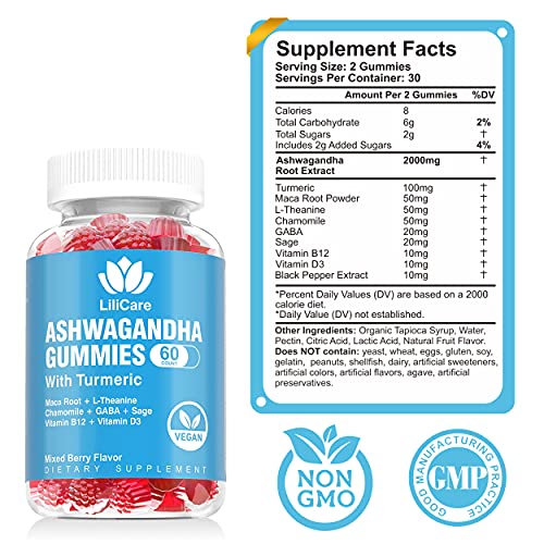 Ashwagandha Gummies, 2000mg Organic Ashwa Root Extract Supplement for Women & Men - 60 Count - Ashwagandha Blend Gummies Combination Supplements