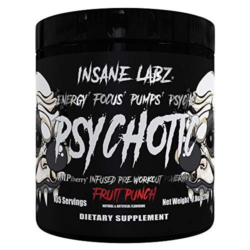 Insane Labz Psychotic Black Edition Mid Stimulant Pre Workout Powder, Energy Focus Pumps, Loaded with Creatine Beta Alanine Taurine Fueled by AMPiberry, 35 Servings Fruit Punch