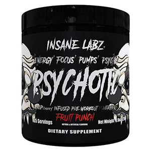 Insane Labz Psychotic Black Edition Mid Stimulant Pre Workout Powder, Energy Focus Pumps, Loaded with Creatine Beta Alanine Taurine Fueled by AMPiberry, 35 Servings Fruit Punch