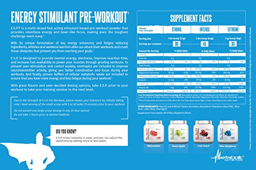 Metabolic Nutrition | ESP - Stimulating Pre Workout, Pre Intra Workout Supplement | Energy & Endurance Stimulating | Natural, Safe & Mental Focus | Blue Raspberry, 300 Grams (90 Servings)