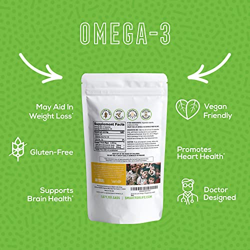 SMART FOR LIFE Algae Vegan Omega 3 Supplement - 180 Capsules - Plant Based Vegan Fish Oil Supplement Alternative - Algae Omega 3 Vegan EPA DHA Supplements - Friendly Packaging - Made in USA