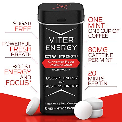 Viter Energy Extra Strength Caffeinated Mints - 80mg Caffeine, B Vitamins, Sugar Free Vegan Breath Mint. Powerful Energizing Boost. 1 Mint Replaces 1 Coffee, Gum, Chews, Gummies (Cinnamon, 6 Pack)