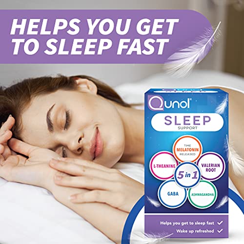 Qunol Sleep Support, 5-in-1 Non-Habit Forming Sleep Aid, Supplement with time-released Melatonin 5mg, Ashwagandha, GABA, Valerian Root, L-Theanine, 2 months supply, capsules, 60 ct
