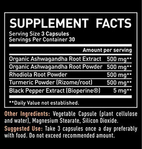 Ashwagandha Complex - Organic Ashwagandha Root Powder + Rhodiola Rosea + Turmeric - 100% Pure Ashwagandha Capsules Supplement - for Adrenal Support, Stress Support