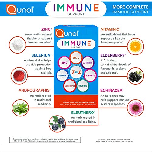 Qunol Immune Support, Vegetarian Capsules, 7 in 1 Immunity Defense Booster Supplement, Vitamin C, Zinc, Elderberry, Echinacea, Selenium, Eleuthero and Andrographis, 60 Count
