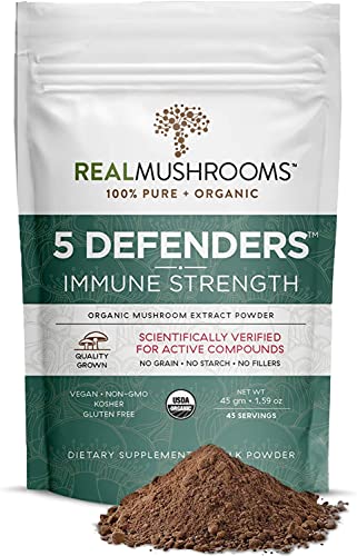 Real Mushrooms 5 Defenders Mushroom Extract Powder for Immune Support (45 Day Supply) Better Overall Wellbeing with Organic and Vegan Chaga, Shiitake, Maitake, Turkey Tail, Reishi Mushroom