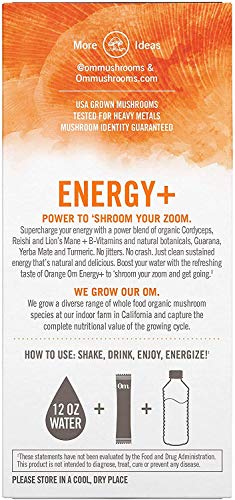 Om Mushroom Superfood Energy Plus Mushroom Powder Drink Mix, Citrus Orange, Single Serve, 10 Count, Mushroom Blend, Cordyceps, Yerba Mate, Tumeric, Vitamin B Complex, Pre-Workout, Immune Supplement