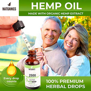 Organic Hemp Oil Drops 2500mg- Ultra Premium Hemp Oil Extract- Hemp Oil 2500mg- Pain Relief Anti- Inflammatory, Joint Support, Stress, Anxiety & Mood Relief. Sleep Aid. Skin & Hair Care. Made in USA