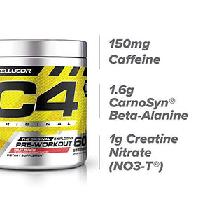 C4 Original Pre Workout Powder Fruit Punch - Vitamin C for Immune Support - Sugar Free Preworkout Energy for Men & Women - 150mg Caffeine + Beta Alanine + Creatine - 60 Servings