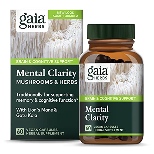 Gaia Herbs, Mushrooms + Herbs Mental Clarity, Brain & Cognitive Support, Cordyceps, Reishi, Gotu Kola, Vegan Powder Capsules, 60 Count