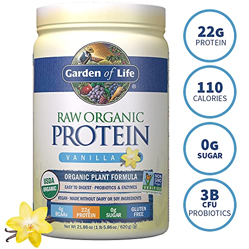 Garden of Life Raw Organic Protein Vanilla Powder, 20 Servings: Certified Vegan, Gluten Free, Organic, Non-GMO, Plant Based Sugar Free Protein Shake with Probiotics & Enzymes, 4g BCAAs, 22g Protein