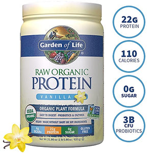 Garden of Life Raw Organic Protein Vanilla Powder, 20 Servings: Certified Vegan, Gluten Free, Organic, Non-GMO, Plant Based Sugar Free Protein Shake with Probiotics & Enzymes, 4g BCAAs, 22g Protein