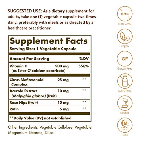 Solgar Ester-C Plus 500 mg Vitamin C (Ascorbate Complex) - Gentle & Non Acidic - Antioxidant & Immune Support - 100 Vegetable Capsules (100 Servings)