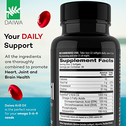 Daiwa Krill Oil 1000mg - EPA DHA Omega 3 6 9 Supplement with Astaxanthin for Joint, Brain and Heart Health - Made from Antarctic Krill Oil