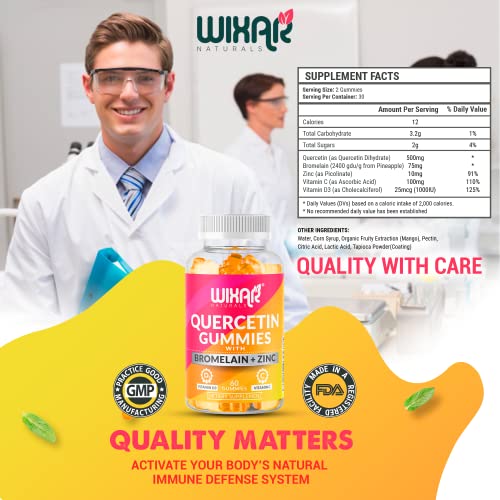 Wixar Naturals Quercetin Gummies - Quercetin 500mg with Bromelain, Zinc, Vitamin C&D3 - Quercetin Gummy Supplements for Immune Support and Allergy - Immunity Booster Vitamins Supplement – 60 Chewable