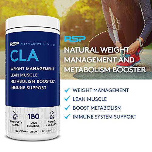 RSP Nutrition CLA 1000 Conjugated Linoleic Acid Max Strength Softgels, Natural Stimulant Free Weight Loss Supplement, Fat Burner for Men & Women, 180 Ct. (Packaging May Vary)