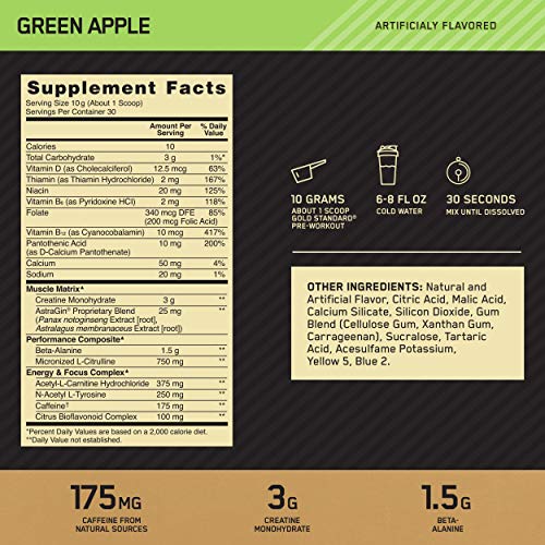 Optimum Nutrition Gold Standard Pre Workout with Creatine, Beta-Alanine, and Caffeine for Energy, Flavor: Green Apple, 30 Servings (Packaging May Vary)