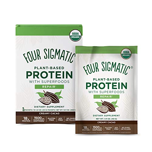 Four Sigmatic Creamy Cacao Superfood Protein, Organic Plant-Based Protein with Chaga Mushroom & Ashwagandha, Supports Immune Function & Muscle Repair, Portable, 10 Count