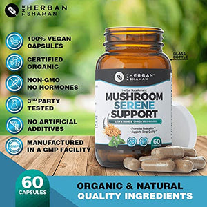 The Herban Shaman Serene Mushroom Supplement Capsules | Organic Lion’s Mane, Chaga Mycelia, Kava Root, Lavender & Passion Flower, Mucuna Pruriens, Cereus (60 Capsules) (Serene)