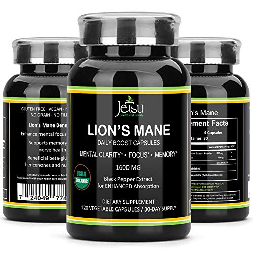 Organic Lions Mane Mushroom Capsules – Plus Bioperine Black Pepper Extract Absorption Enhancer, Nootropic Brain Supplement, Boost Neuron Growth & Your Immune System for Clarity & Focus (120 Capsules)