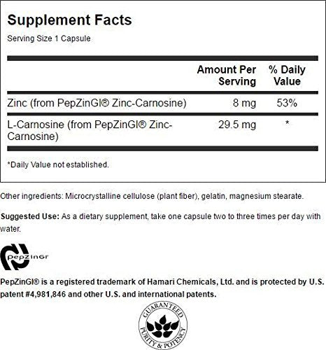 Swanson Zinc Carnosine (PepZin GI) - Natural Supplement Promoting Gastric Health & Digestive Support - Supports Microbial Balance in The Stomach - (60 Capsules)